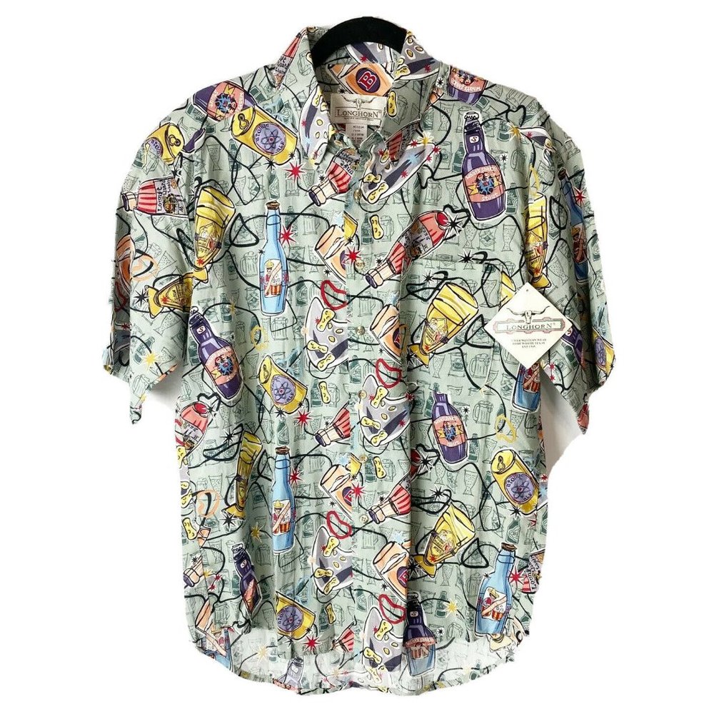 VTG Longhorn Texas Med Button Up Mens Shirt Beer